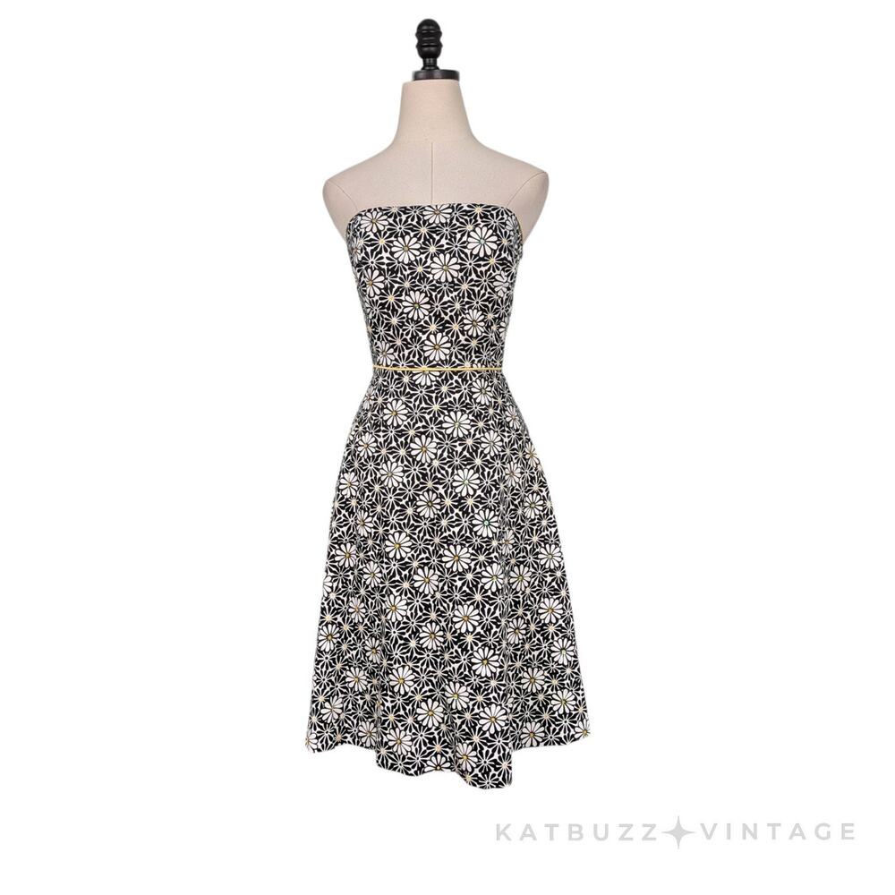 Strapless Daisy Midi Dress 8 Black Yellow Y2K Bead Sequin Flare Brunch Shower